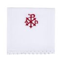 Buy Alpha Omega Lace Trim Corporal Pkg of 4 for Sale |  Embroidered Alpha Omega Altar Linens  | Corporal Altar Linens with Red Embroidered Alpha Omega