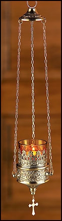 Sanctuary Lamp with Amber Votive Glass and Hanging Cross | Buy Hanging Sanctuary Lamps with Globes for Church on Sale