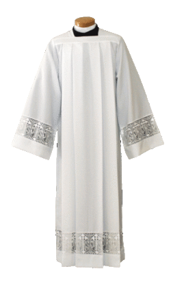 Clergy Alb with Embroidered Lace with Latin Cross and IHS Symbols  | Shop Clergy Albs for Sale | Deacon Albs | Albs for Catholic Priests