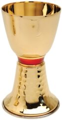 Gold Communion Chalice with Red Node and Hammered Finish 8 oz.| Modern Communion Chalices for Sale | Priest Chalices for Catholic Mass