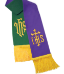 Reversible Clergy Stole Forest Green and Purple with Symbols