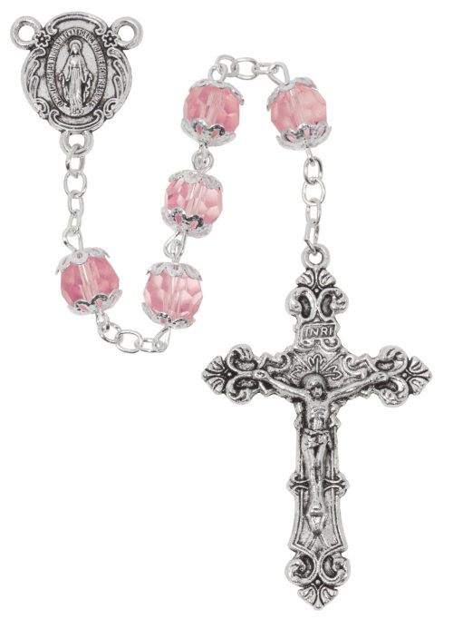 Rose Glass Capped Rosary Boxed