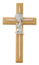 7in Oak with Baby Pink Girl Praying Cross Boxed
