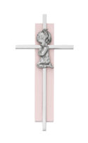 6in Pink Wood Praying Girl on Silver Cross Boxed