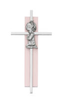 6in Pink Wood Praying Girl on Silver Cross Boxed