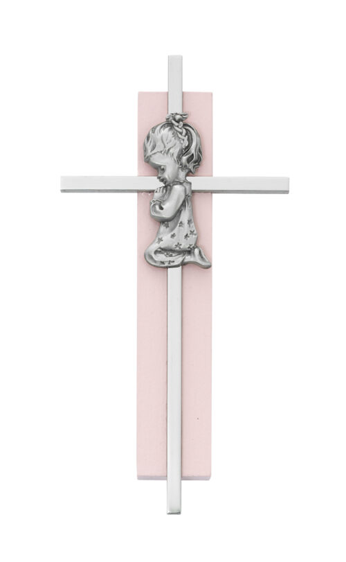6in Pink Wood Praying Girl on Silver Cross Boxed