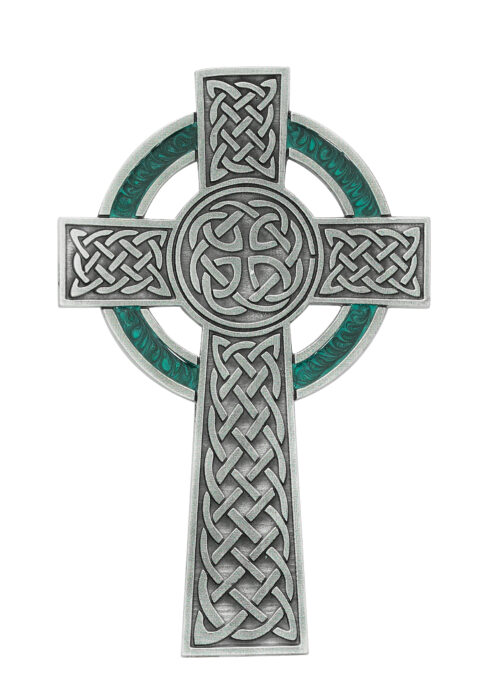 5 1/2 in Pewter Celtic Cross With Green Enamel Boxed