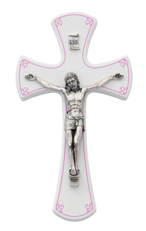 6in White and Pink Girls Wall Crucifix