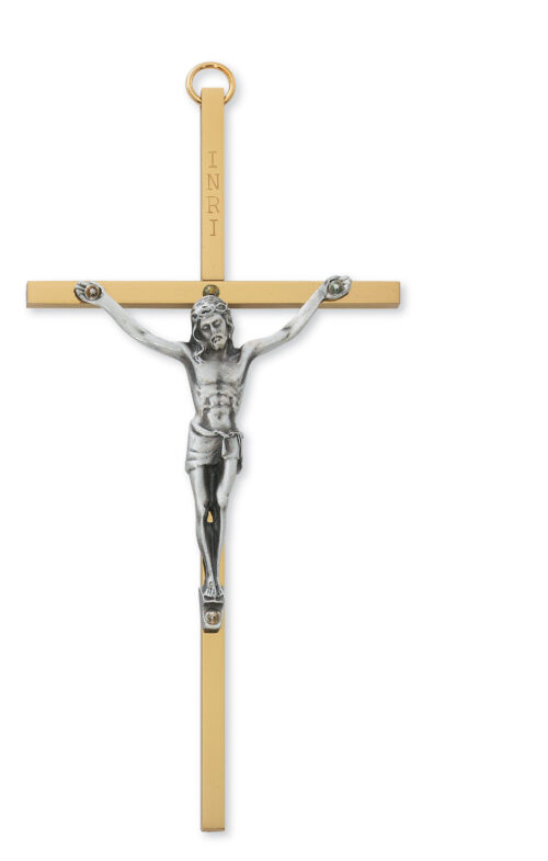 6 in. Brass Cross with Pewter Corpus Boxed