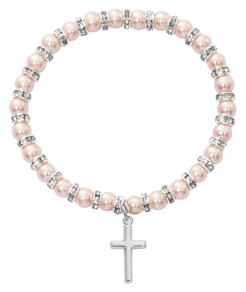 Pink Baby Stretch Bracelet and Pewter Cross Boxed