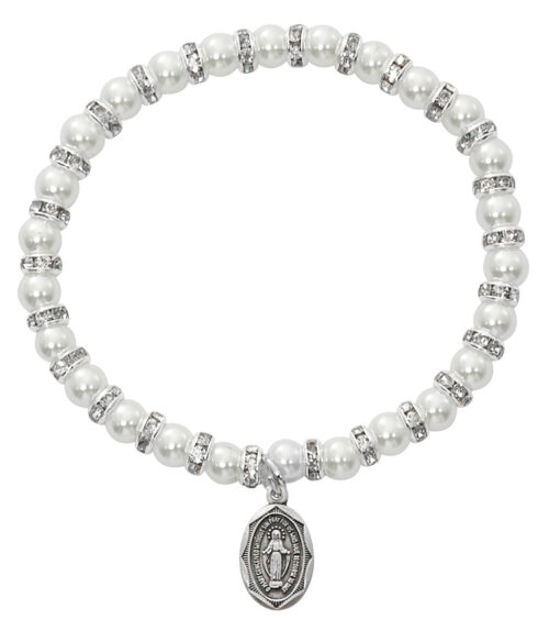 White Baby Stretch Bracelet and Pewter Medal Boxed