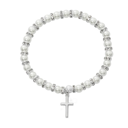 White Baby Stretch Bracelet and Pewter Cross Boxed