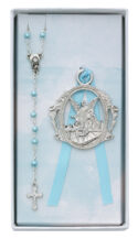 Angel Crib Medal and Blue Rosary Set Boxed
