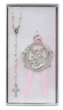 Angel Crib Medal and Pink Rosary Set Boxed
