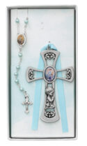 Crib Cross and Blue Rosary Set Boxed