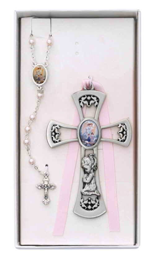 Crib Cross and Pink Rosary Set Boxed
