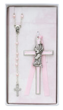Pink Crib Cross and Pink Rosary Set Boxed