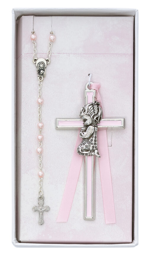 Pink Crib Cross and Pink Rosary Set Boxed