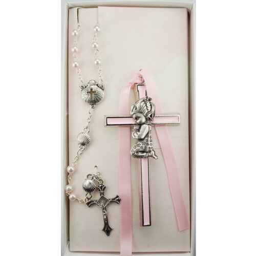 Pink Crib Cross and Pink Rosary Set Boxed