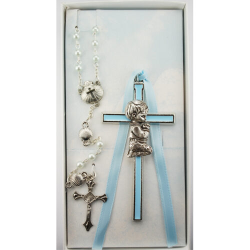 Blue Crib Cross and Blue Rosary Set Boxed