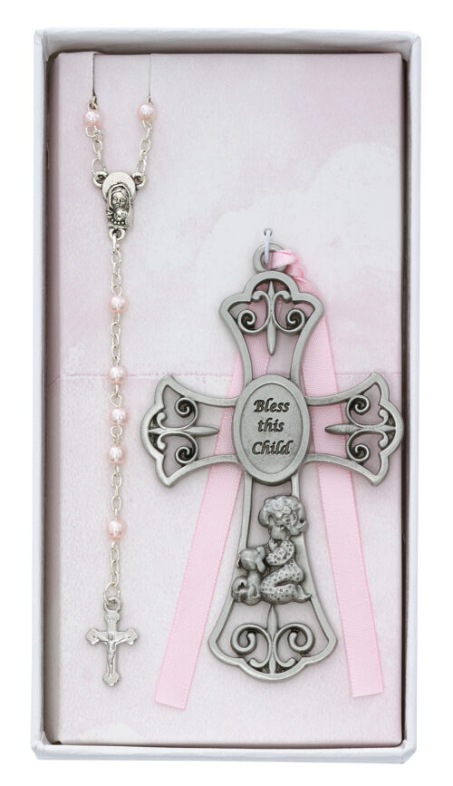 Baby Girl and Puppy Crib Cross and Rosary Boxed