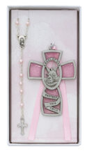 Pink Crib Cross and Pink Rosary Set Boxed