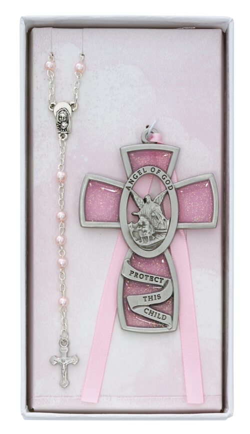 Pink Crib Cross and Pink Rosary Set Boxed