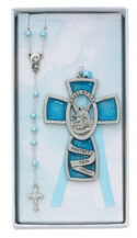 Blue Crib Cross and Pink Rosary Set Boxed