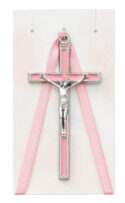 3.75 IN. PINK CRIB CRUCIFIX WITH PINK RIBBON CARDED