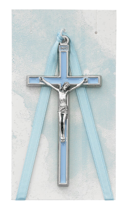 3.75 IN. BLUE CRIB CRUCIFIX WITH BLUE RIBBON