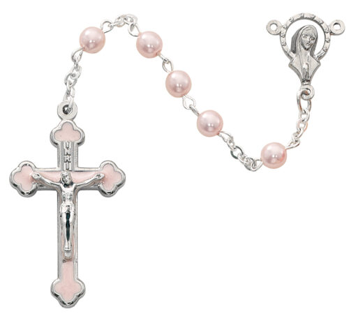 pink baby rosary boxed