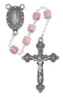 Pink Capped Glass Rosary Boxed