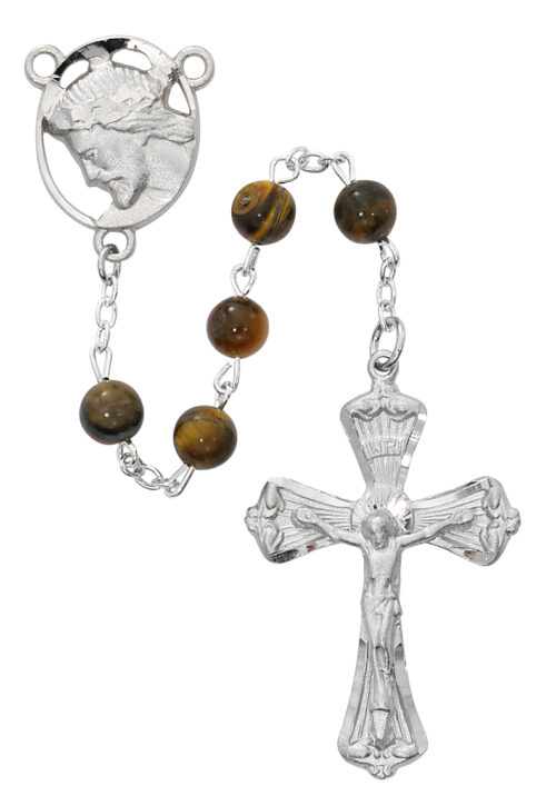 Tiger Eye Head of Christ Rosary Boxed