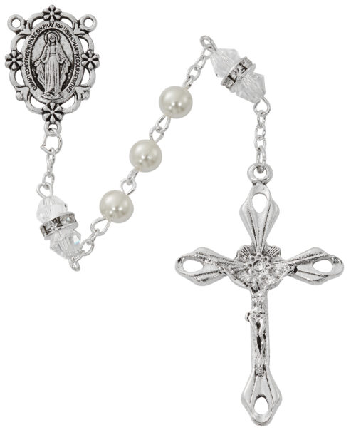 Pearl and Crystal Rosary with Zinc Center and Crucifixed